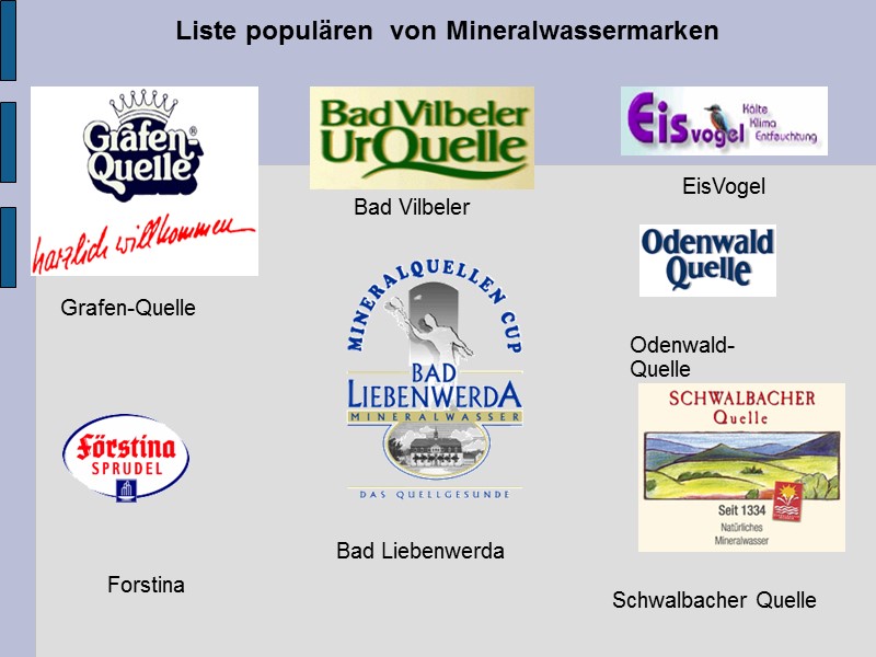 Liste populären  von Mineralwassermarken Bad Liebenwerda Bad Vilbeler Odenwald-Quelle Forstina EisVogel Grafen-Quelle Schwalbacher